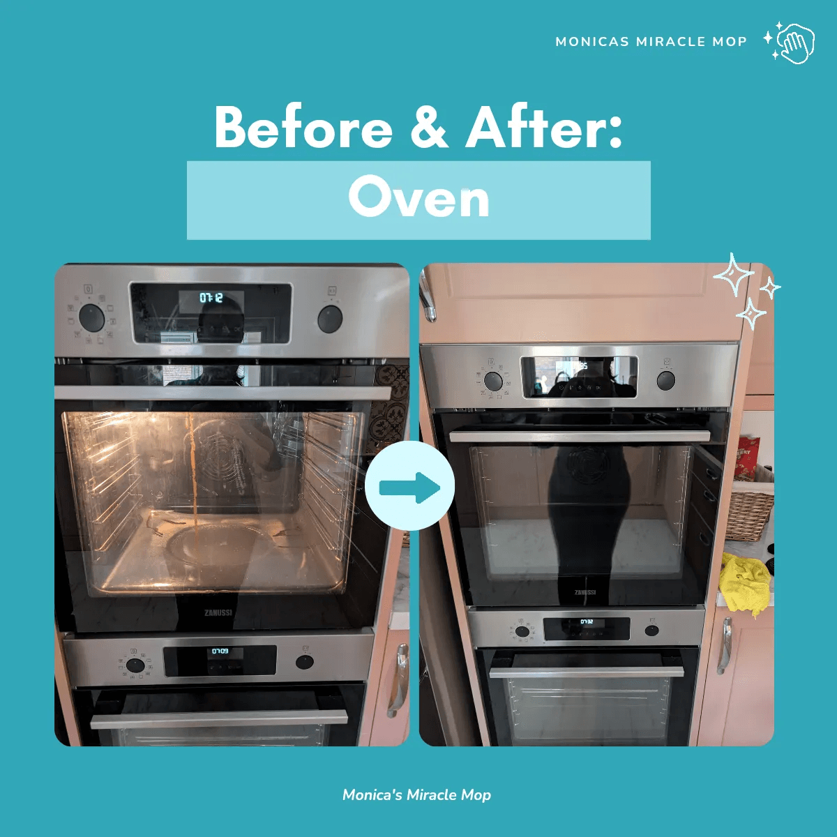 Monica's Miracle Mop before-and-after social post: built-in oven transformation