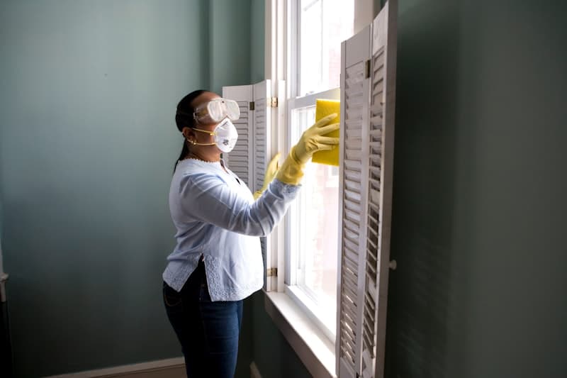 Professional cleaner in a bright white kitchen
